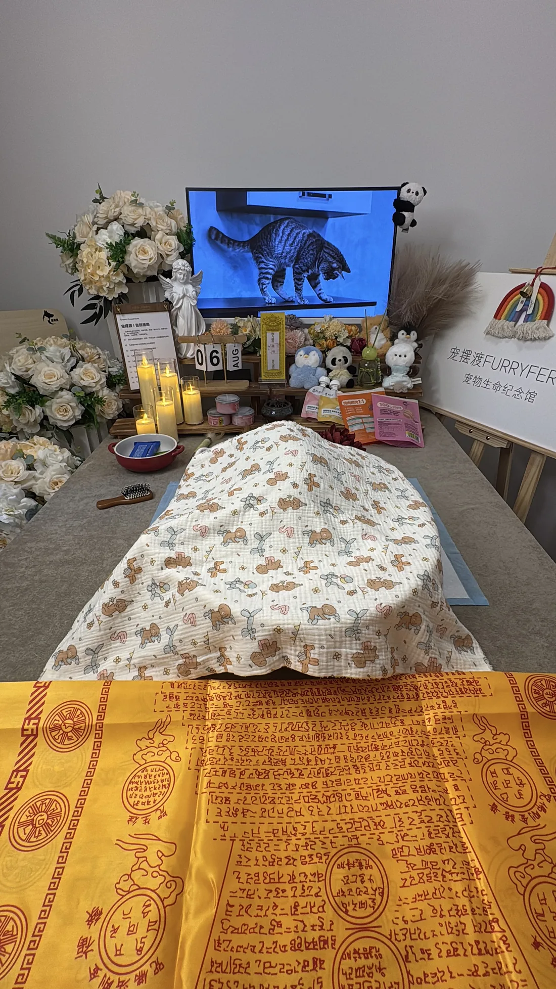 嘉兴宠物告别仪式中的鲜花与纪念照片